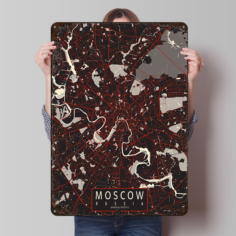 Custom Map Poster - แผนที่เมืองมอสโกแบบเวกเตอร์ โปสเตอร์โลหะ งานศิลปะติดผนังแบบกำหนดเอง ป้ายโลหะสไตล์เรโทร วินเทจ สำหรับตกแต่งห้องเล่นเกม