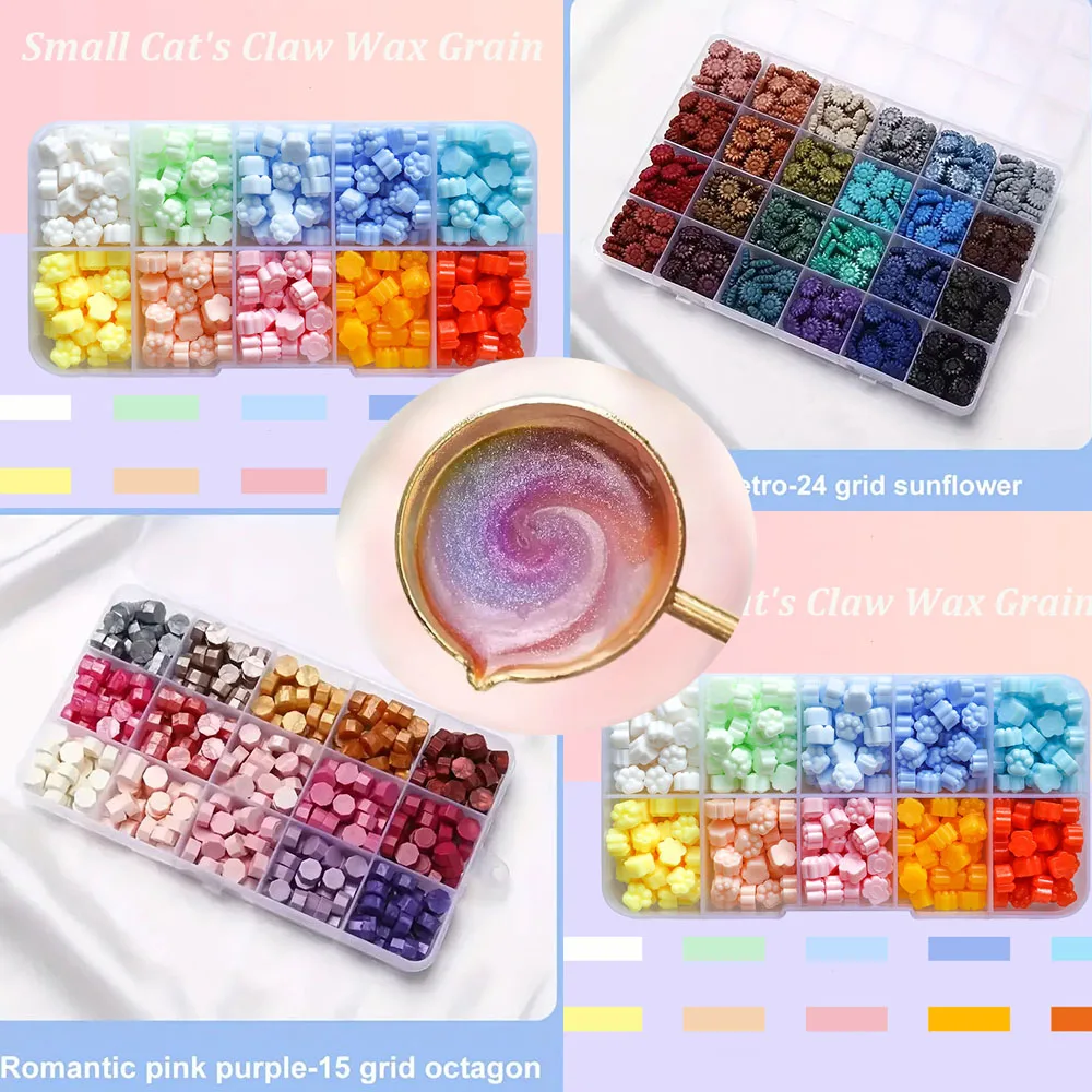 Wax Seal Letter Kit - เม็ดแว็กซ์ซีลกล่อง 600 ชิ้น, เม็ดแว็กซ์ซีลรูปดอกทานตะวัน 24 ช่อง