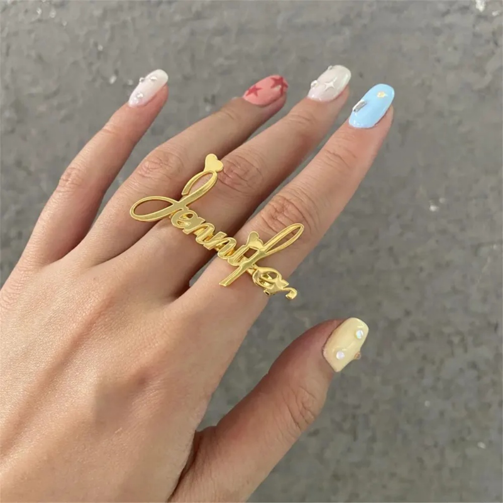 Initial Ring Custom - แหวนสลักชื่อสองนิ้ว LeeChee สแตนเลสสตีล แบบกำหนดเอง ลายหัวใจ ป้ายชื่อ